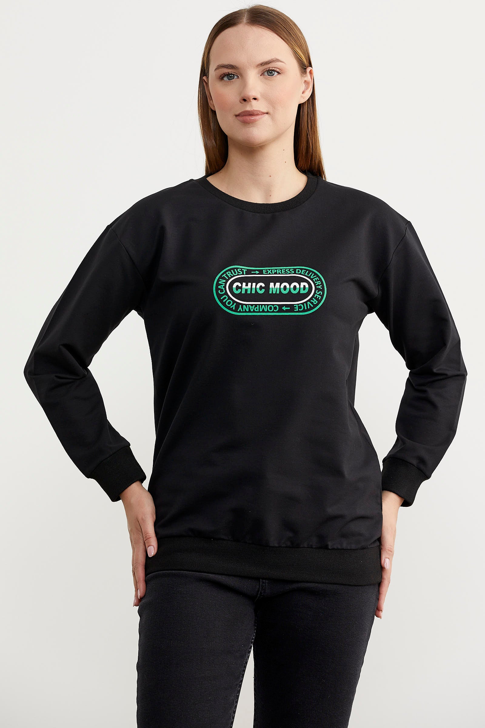Printed Oversize Basic Sweatshirt Black Black S