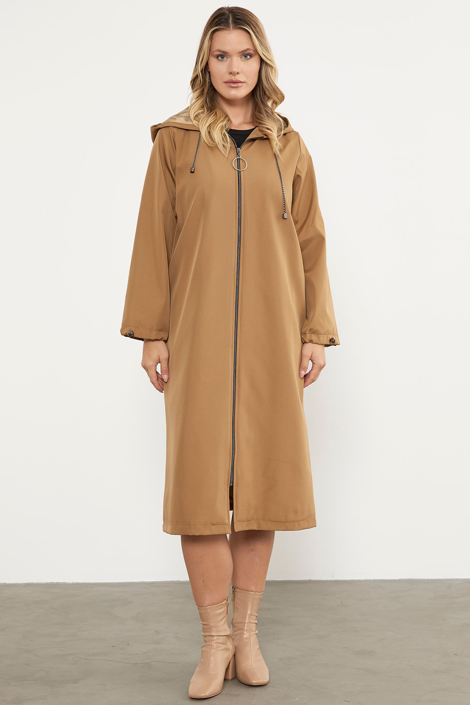 Plus Size Hooded Zippered Long Trench Coat Mink Mink 42