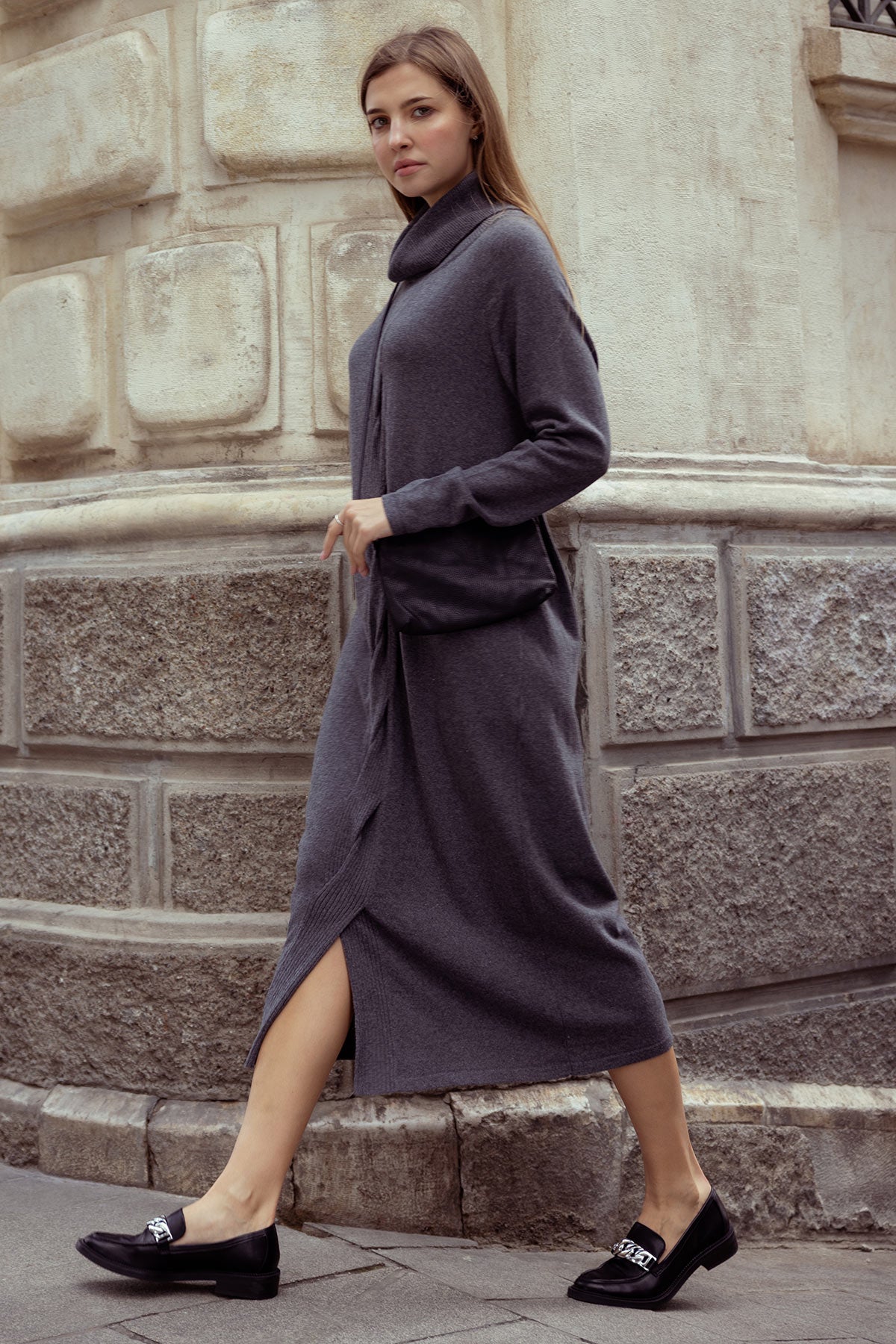 Lace Up Collar Knitted Sweater Dress Dark Gray Dark grey S