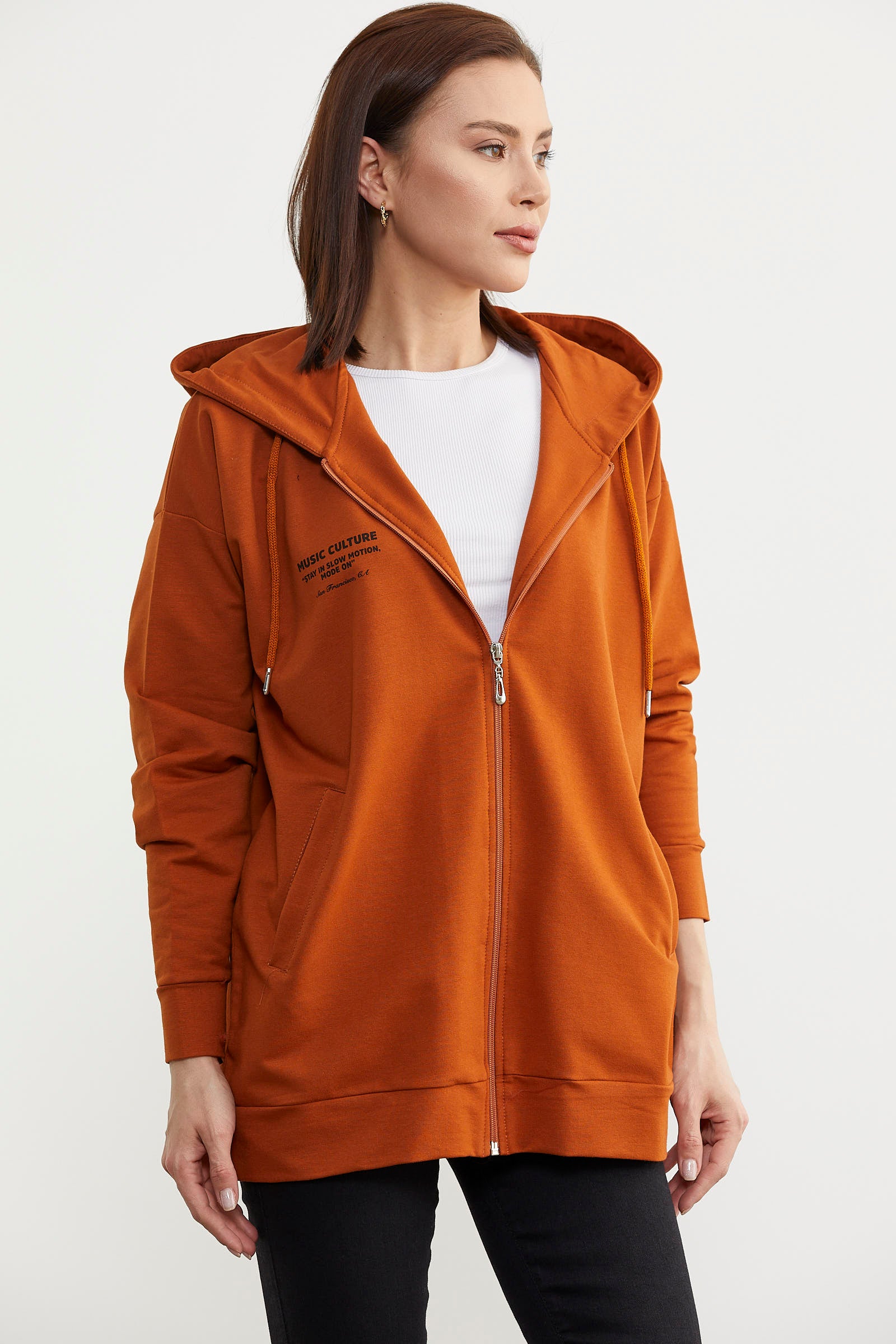 Fermuarlı Oversize Sweat - Kiremit (4) Sementa