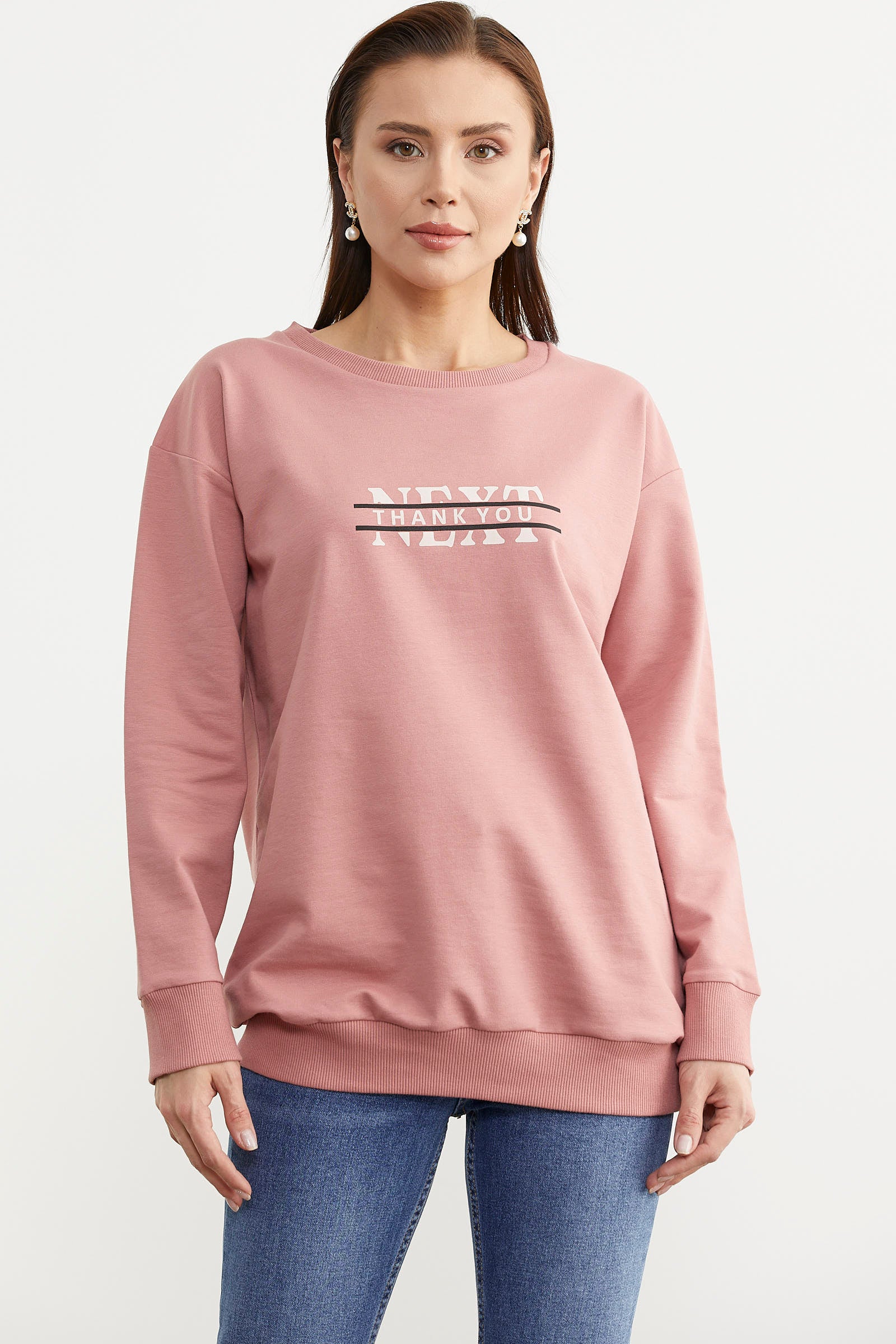 Sıfır Yaka Oversize Sweatshirt - Gül Kurusu (1) Sementa