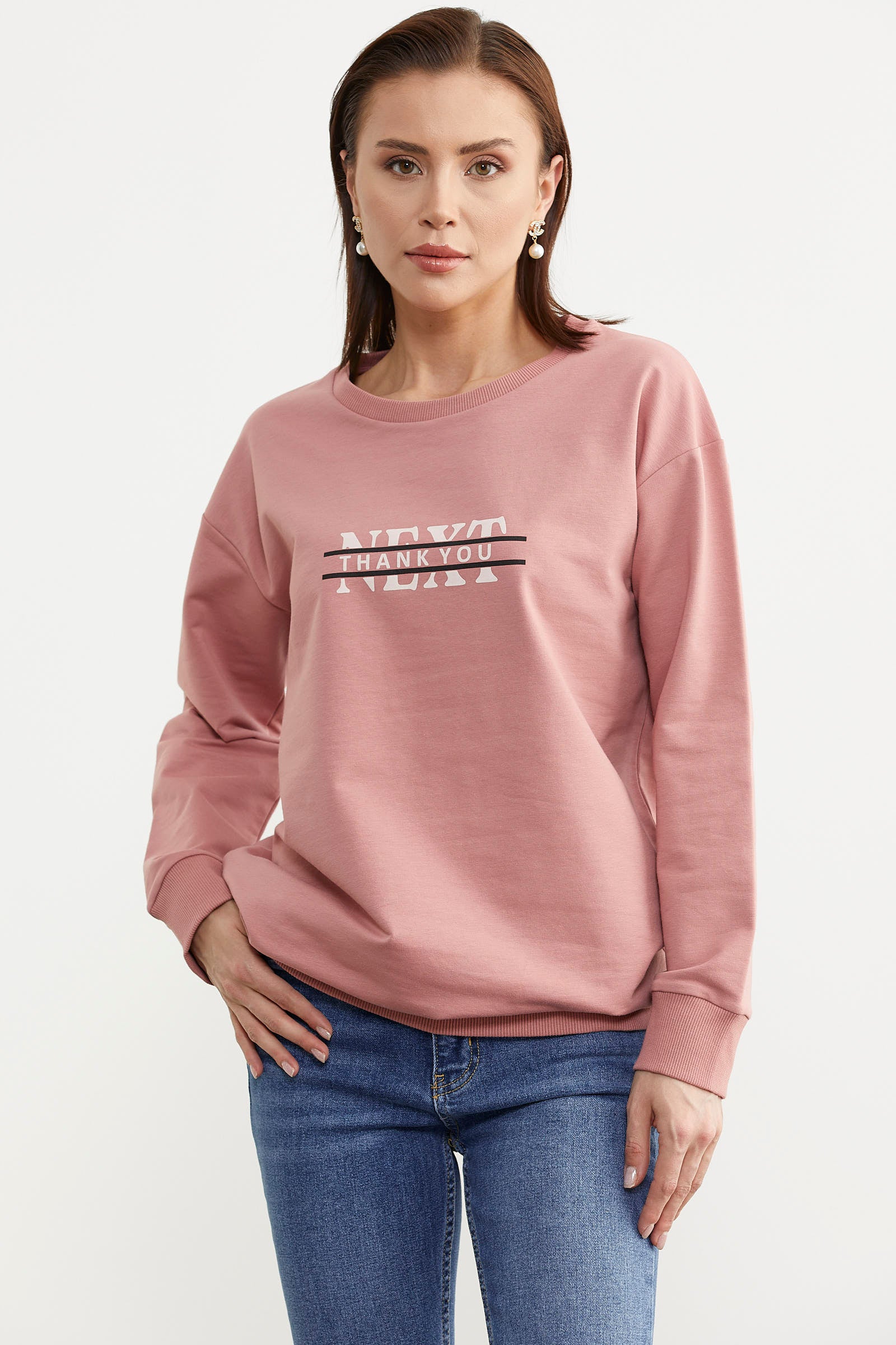 Sıfır Yaka Oversize Sweatshirt - Gül Kurusu (3) Sementa