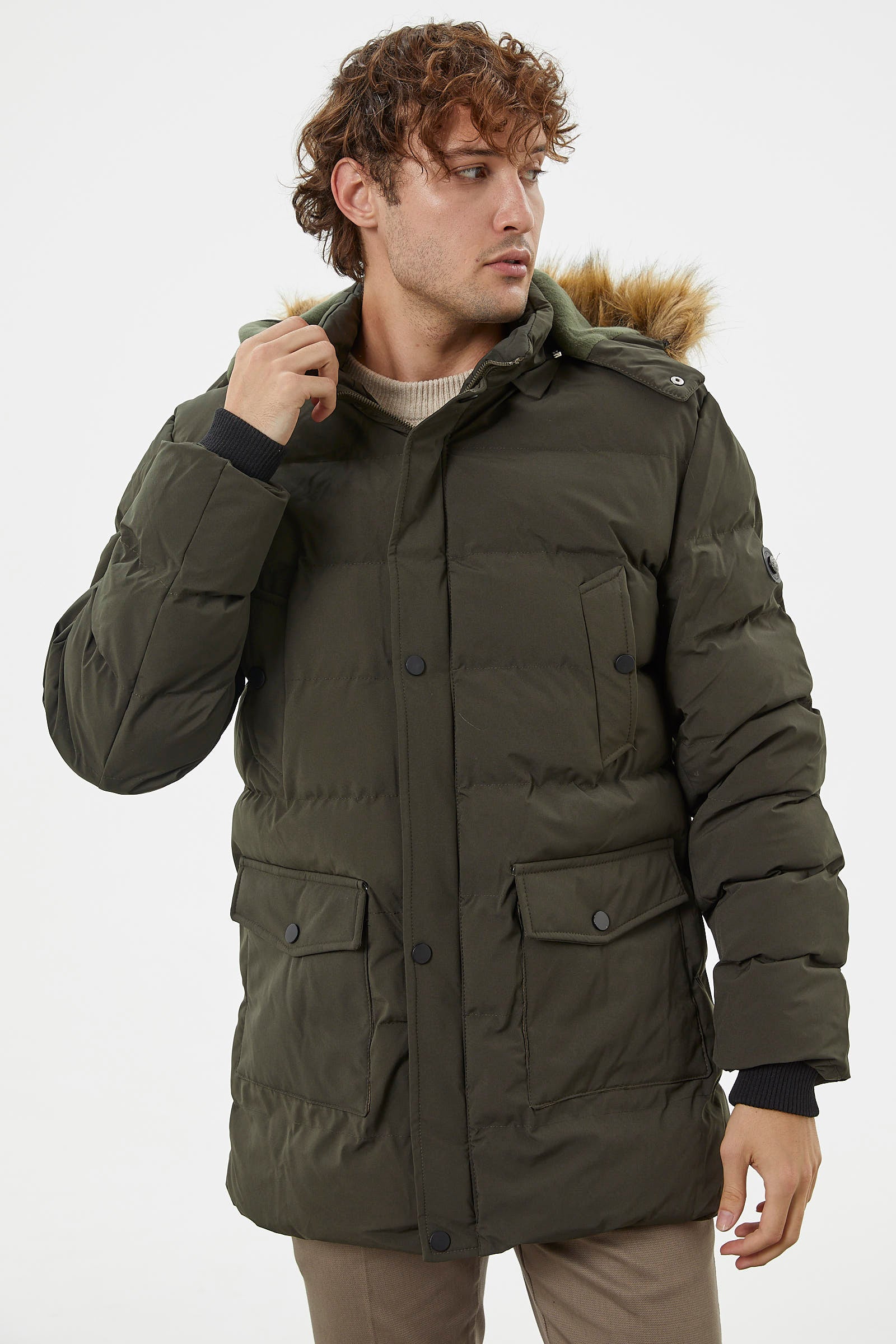 Faux Fur Hooded Zipper Coat - Khaki - Khaki / S